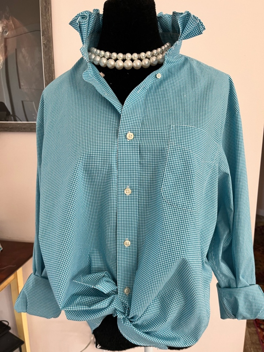 Upcycled Lauren Ralph Lauren Teal Micro-Check Button-Down Ruffle Collar